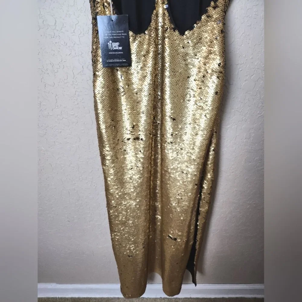 NBD x Revolve Sequin Halter Style Midi Dress Gold Size S NWT